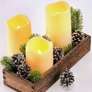 3 LED Flameless Candles with Artificial Pinecones And Needles. Batteries Req